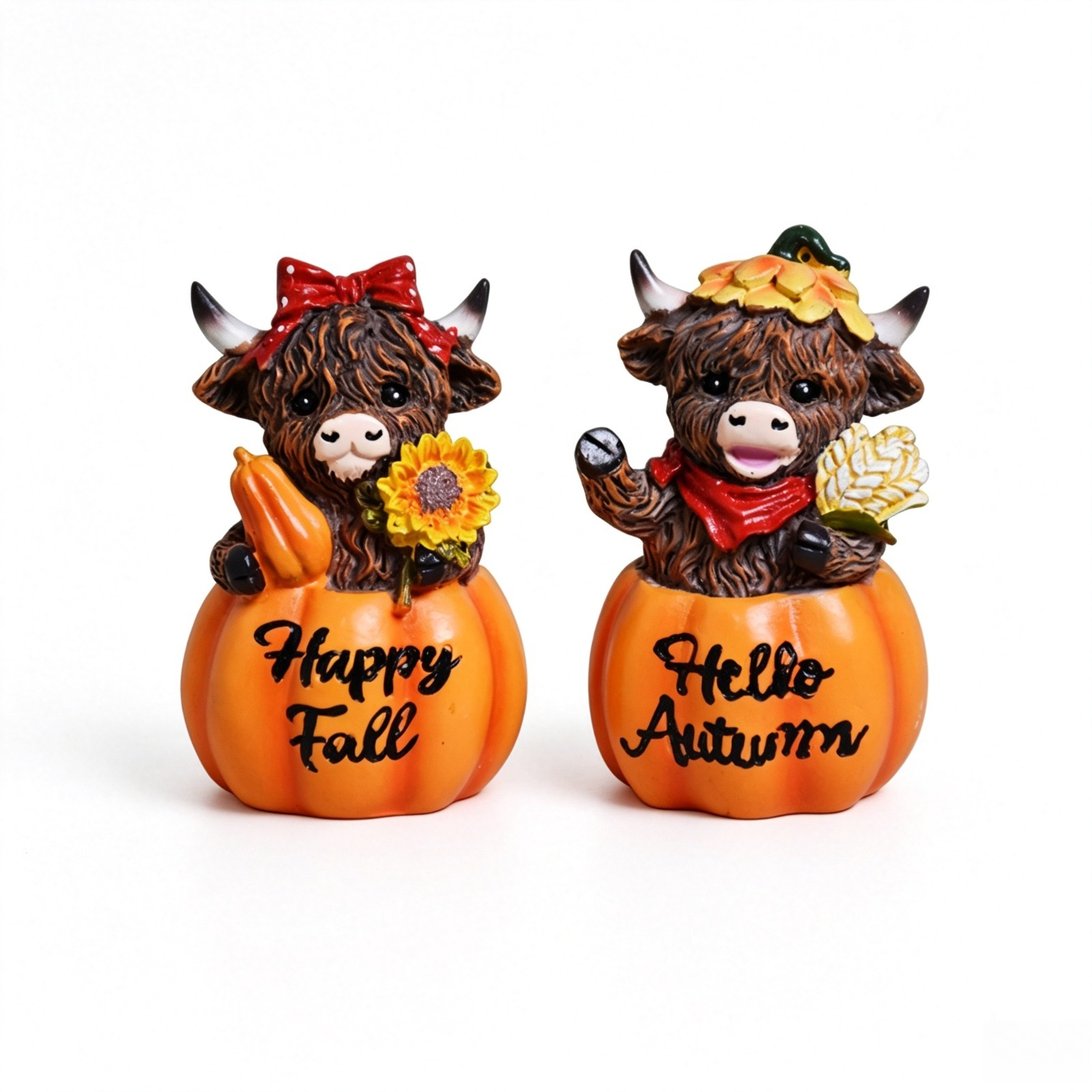TEMU 2pcs Fall Highland Cow Pumpkin Resin Statue, Hello Autumn Farmhouse Harvest Figurines, Sunflower Wheat Decor For Thanksgiving Tiered Tray