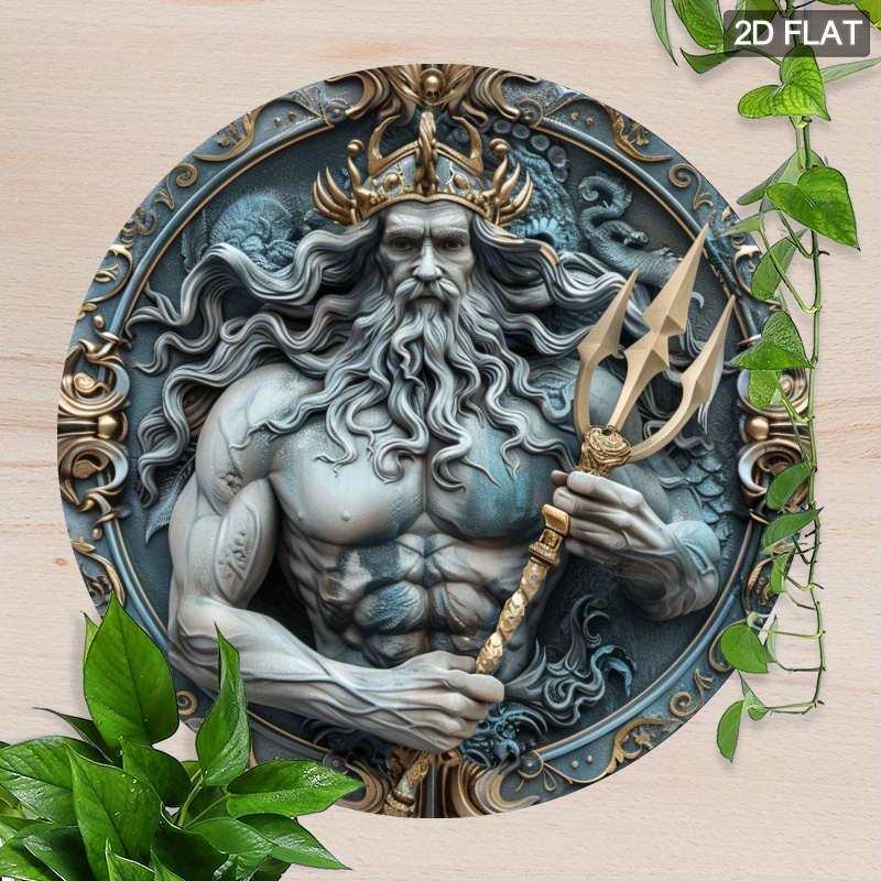TEMU 2d Flat, Poseidon Statue Wall Art- Metal Sign, Vivid And Golden Mythical Sea God Decoration, Holding, Easy To Hang, Suitable Home, Restaurant,