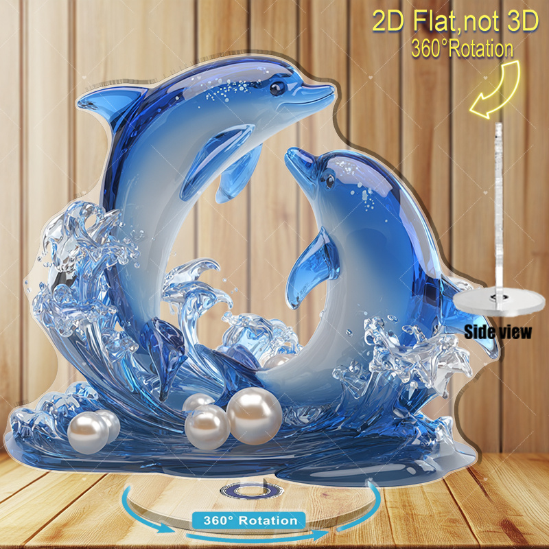 TEMU 2d Flat, 360° Rotating Acrylic Dolphin Aquarium Ornament With & Shimmering Water - Suitable For Home, Wedding, Office Decor, Nautical Marine