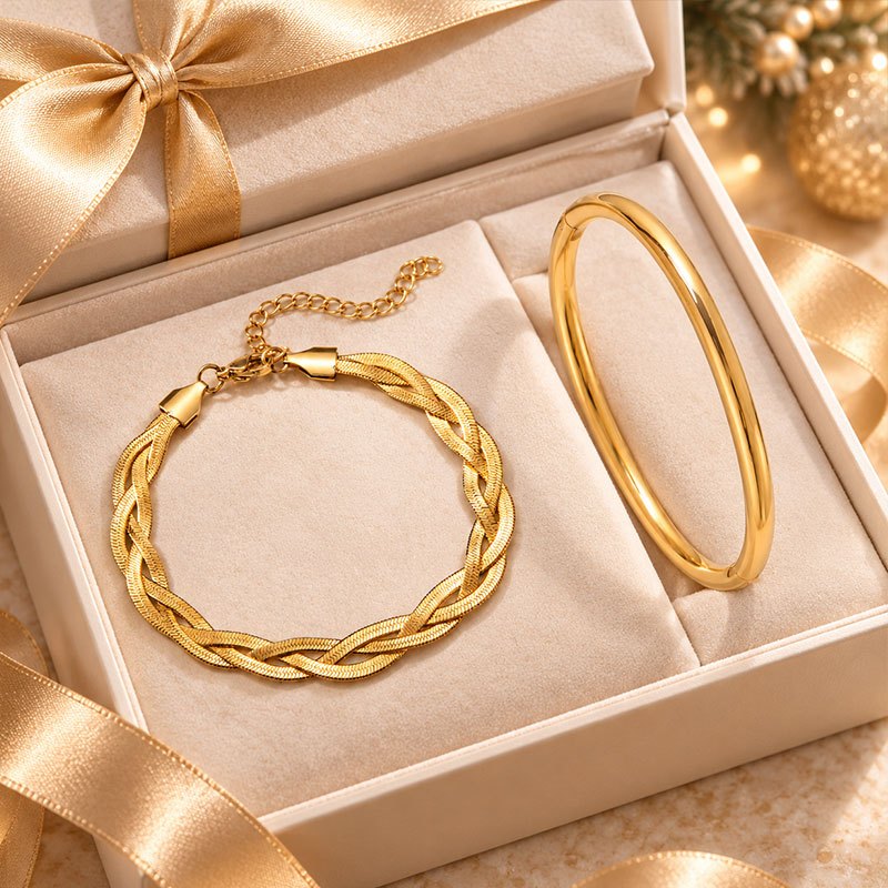 2pc Women's Stainless Steel Braided & Solid Bracelet Set