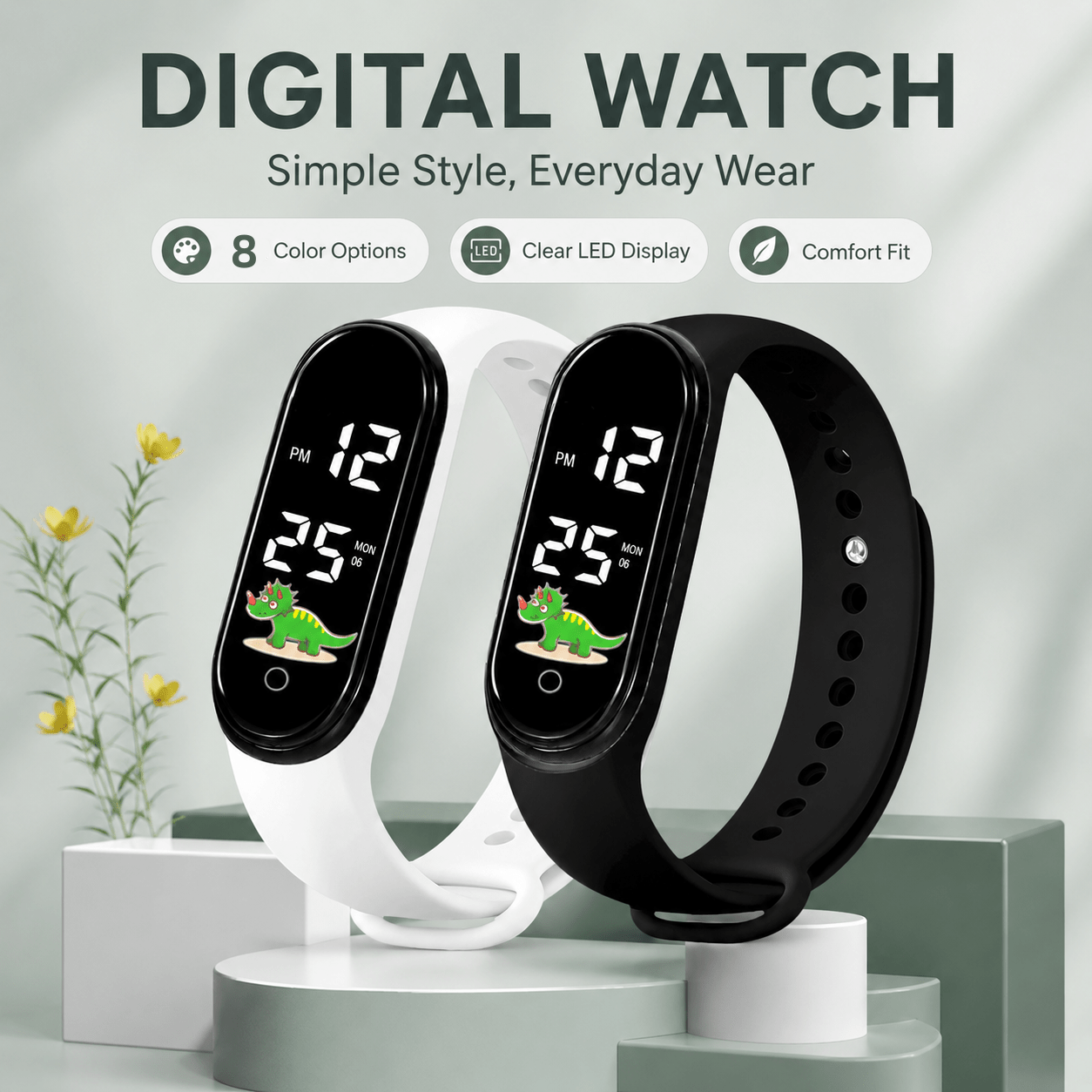 8pc Boy Dinosaur Pattern Digital Watch Bracelet Set