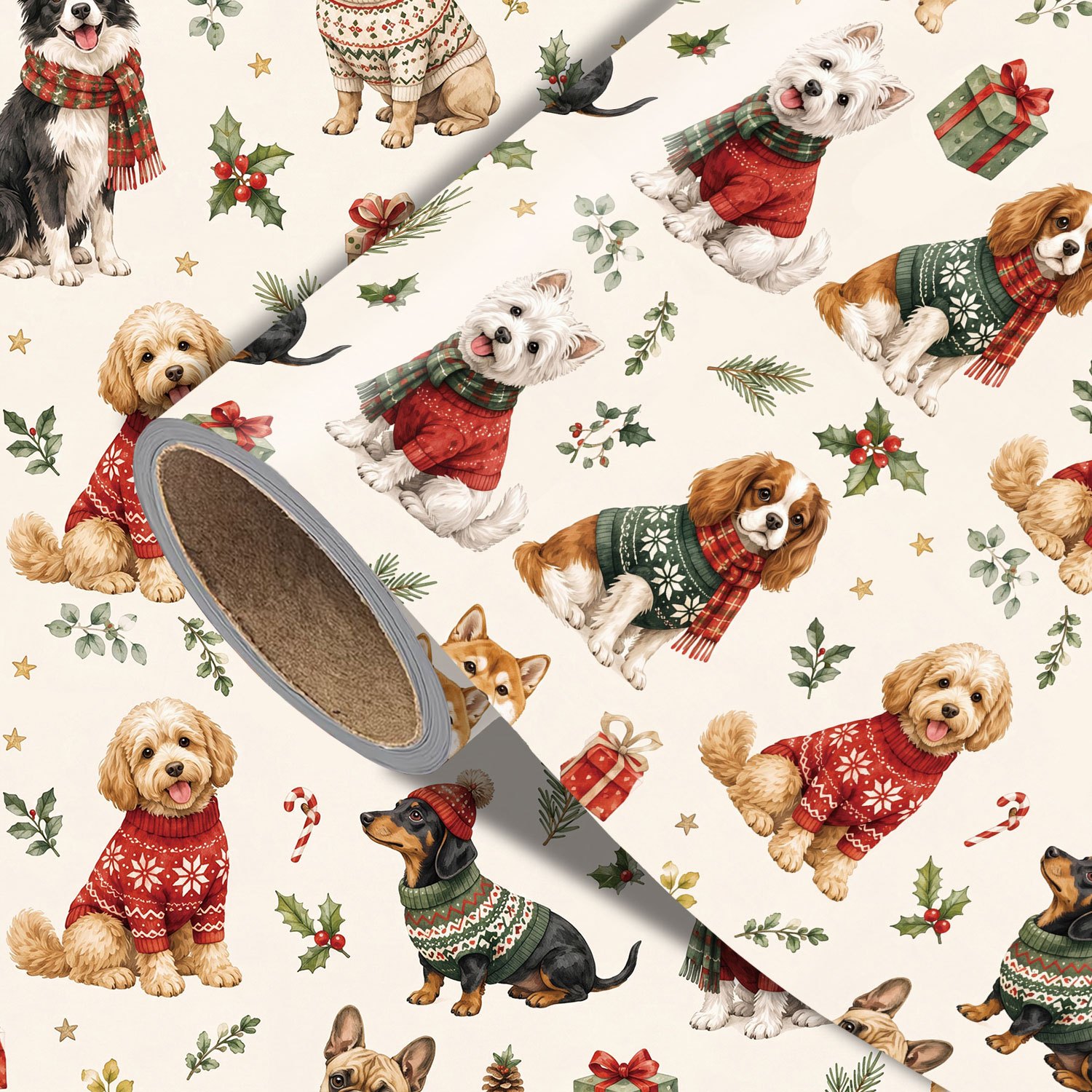 TEMU Rotolo di carta da regalo natalizia con cane, 17.7in x 118in, Cucciolo con di Natale, Carta da regalo senza cuciture per confezioni di regali