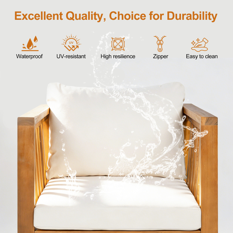 Outdoor Acacia Wood Club Chair with Modern Square Arms, Patio Chair with Thick Cushion, Adjustable Leveling Feet for Poolside, Backyard And Deck, Beige Cushion