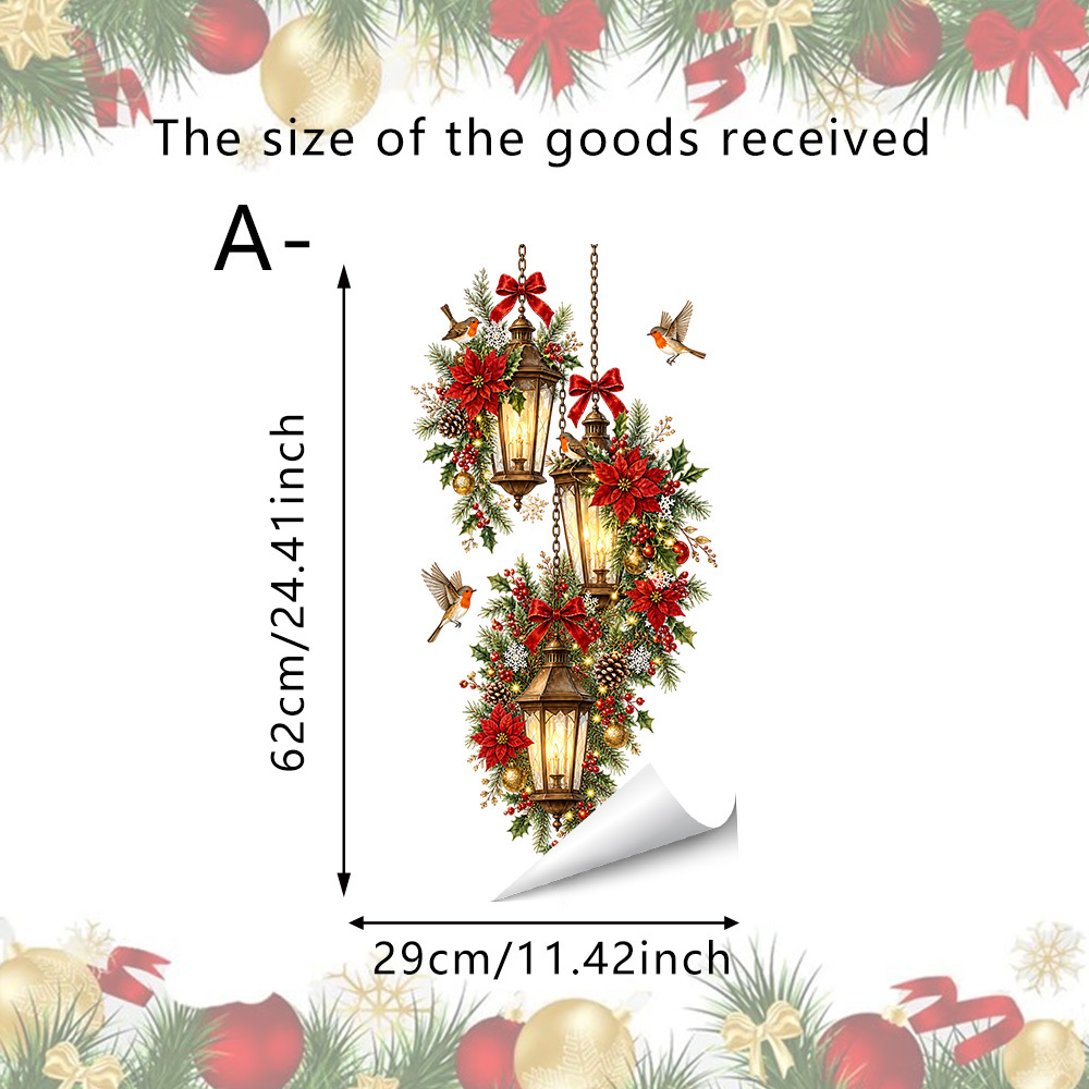 TEMU 1pc Morandi Retro Lantern Pine Branch Static Window Cling, Static Adsorption No Residue Reusable, Hanging Vintage Kerosene Lamp, Red Flower