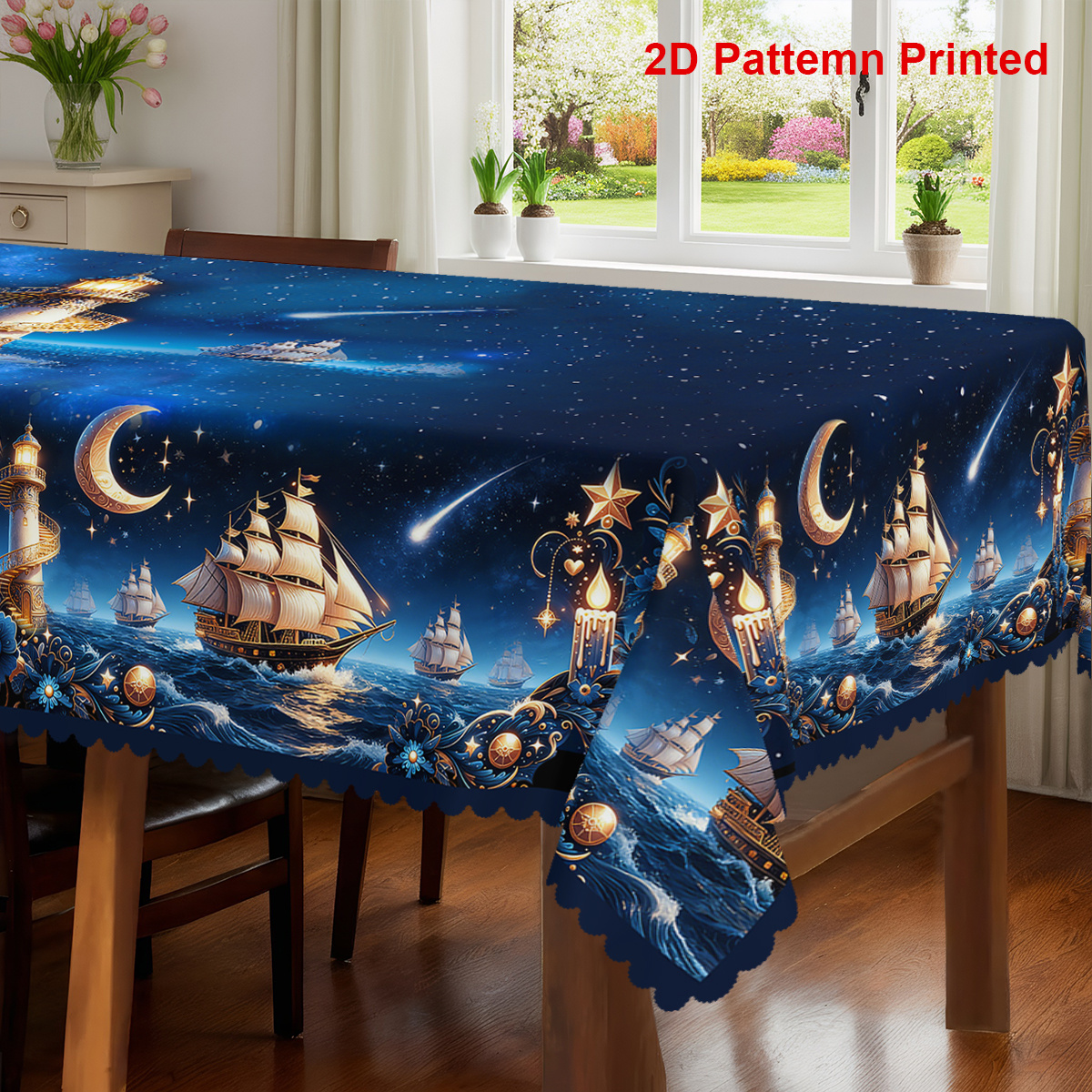 TEMU A Nautical-themed Party Tablecloth Featuring A Starry Sky, Sailboats, , And Lighthouse Prints, In Rectangular, Round, And Oval Shapes With