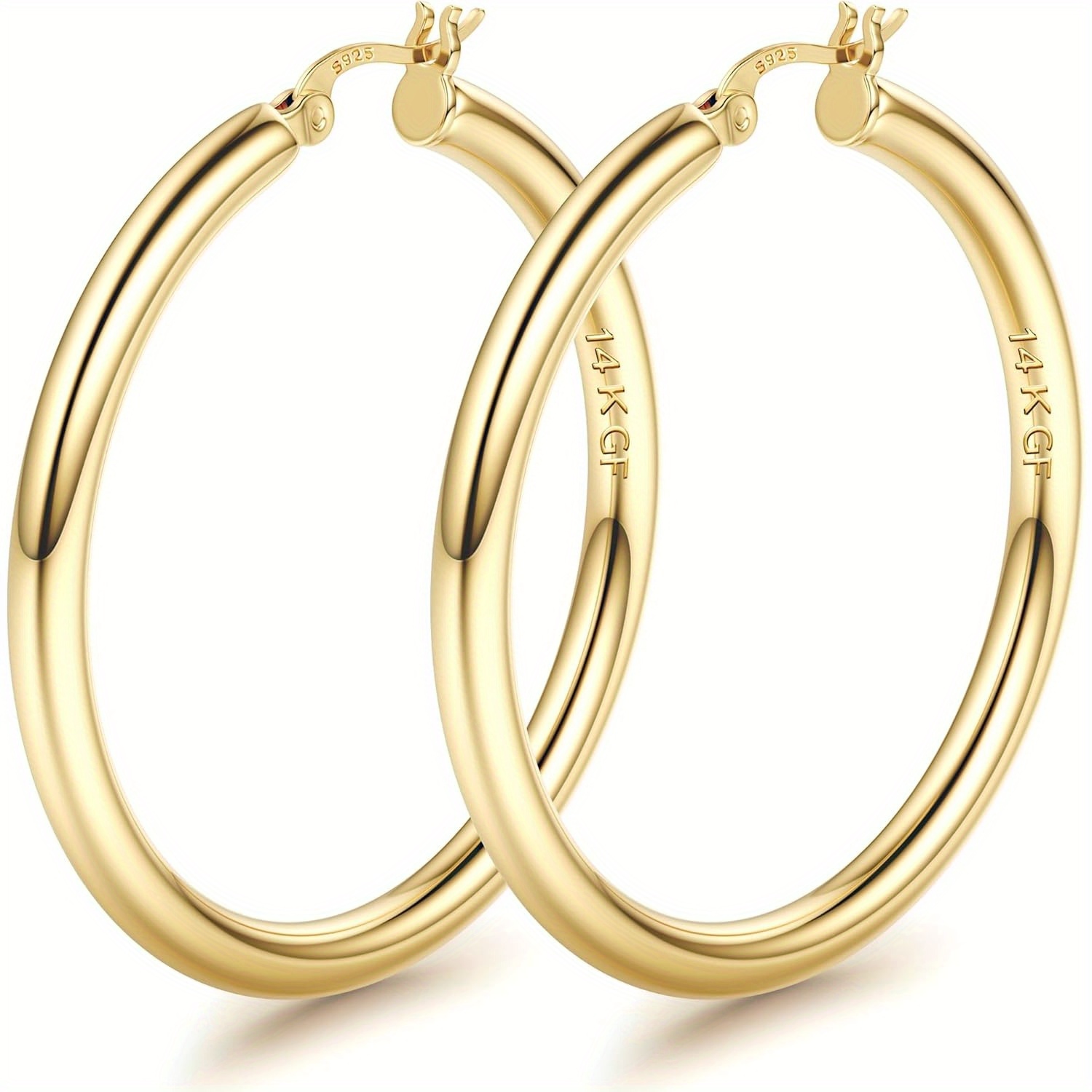 Image of 14k Golden Plated Hoop Earrings For Women With 925 Silver Post Hollow Tube Hoops Earrings 4mm Thick Golden Hoop Earrings Hypoallergenic Lightweight Golden Large Hoop Earrings 25/ 30/ 40/ 50/ 60/ 70mm
