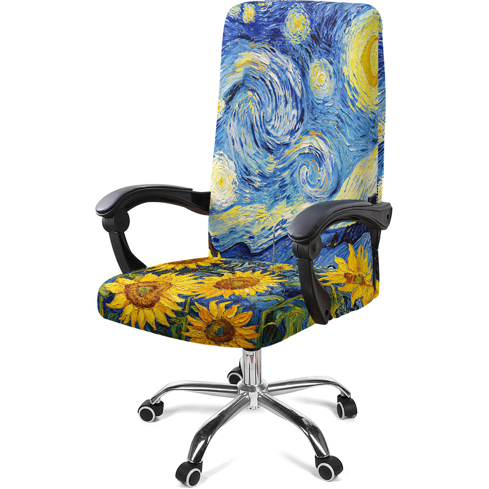 TEMU 1 Housse de chaise de bureau pour ordinateur avec motif de tournesols de Van Gogh la nuit, tissu en fibre de lait avec élastique amovible et