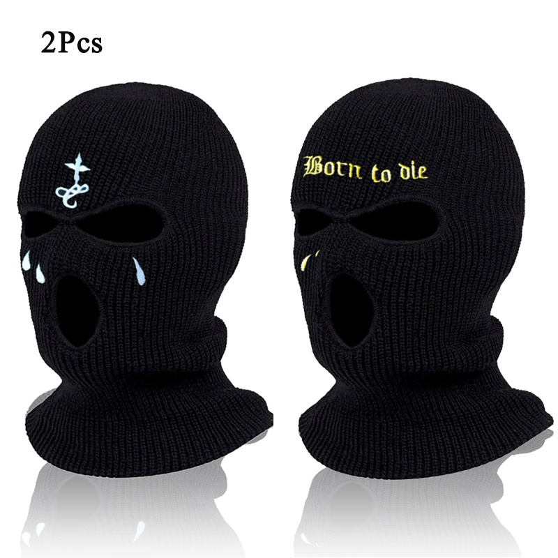 

2pcs/set Personalized 2 Different Pattern Embroidery 3-hole Knitted Mask Balaclava Soft And Warm Medium Stretch Acrylic Knitted Fabric, Is An For Winter Sports, Outdoor Activities, And Gift