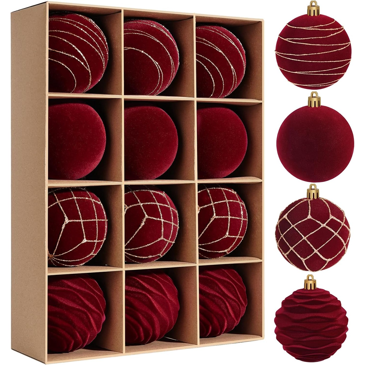 TEMU 12pcs Burgundy Velvet Christmas Ornaments, Flocked Shatterproof Christmas Balls For Tree, Soft Plush Xmas Ball Decorations For , Home, Party And