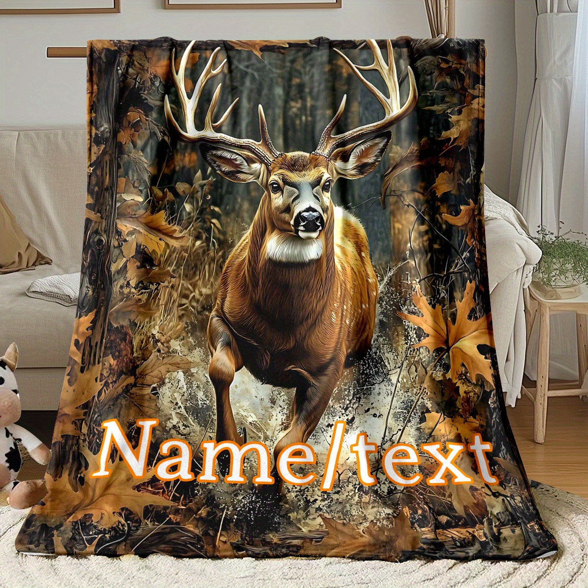 TEMU Personalized Forest Deer Blanket - Soft And Lightweight Flannel Throw For Sofa, Outdoor Use, Camping, Living Room, Office, Chair, And Bed -