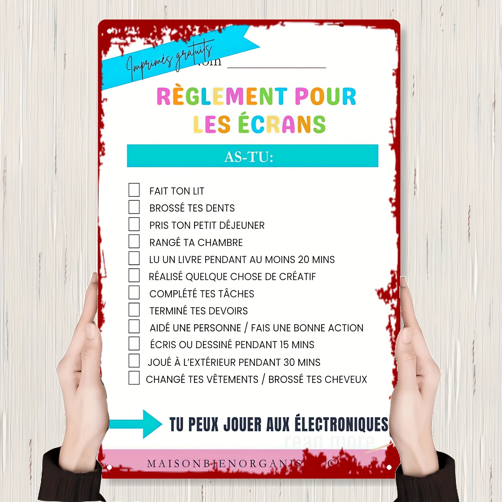 TEMU Écran Métallique en Fer Vintage 2D Plat, 1pc avec Design de Liste de Tâches en Français - 20x30cm/8x12in Décoration Murale pour Maison, Studio &