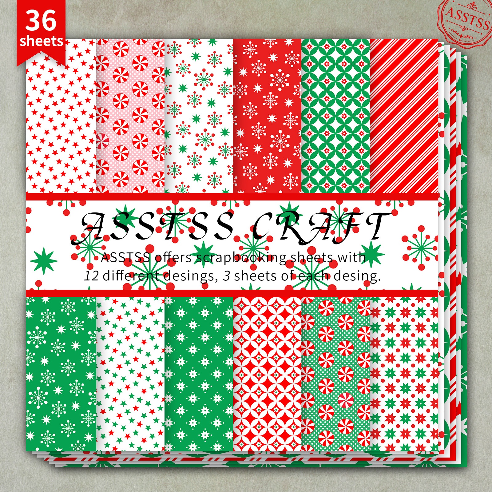 TEMU 36-sheet Asstss 6x6 Inch Scrapbooking Paper Pad, Classic Christmas Red Peppermint Candy Geometric Style Backing Paper Supplies, Heavyweight