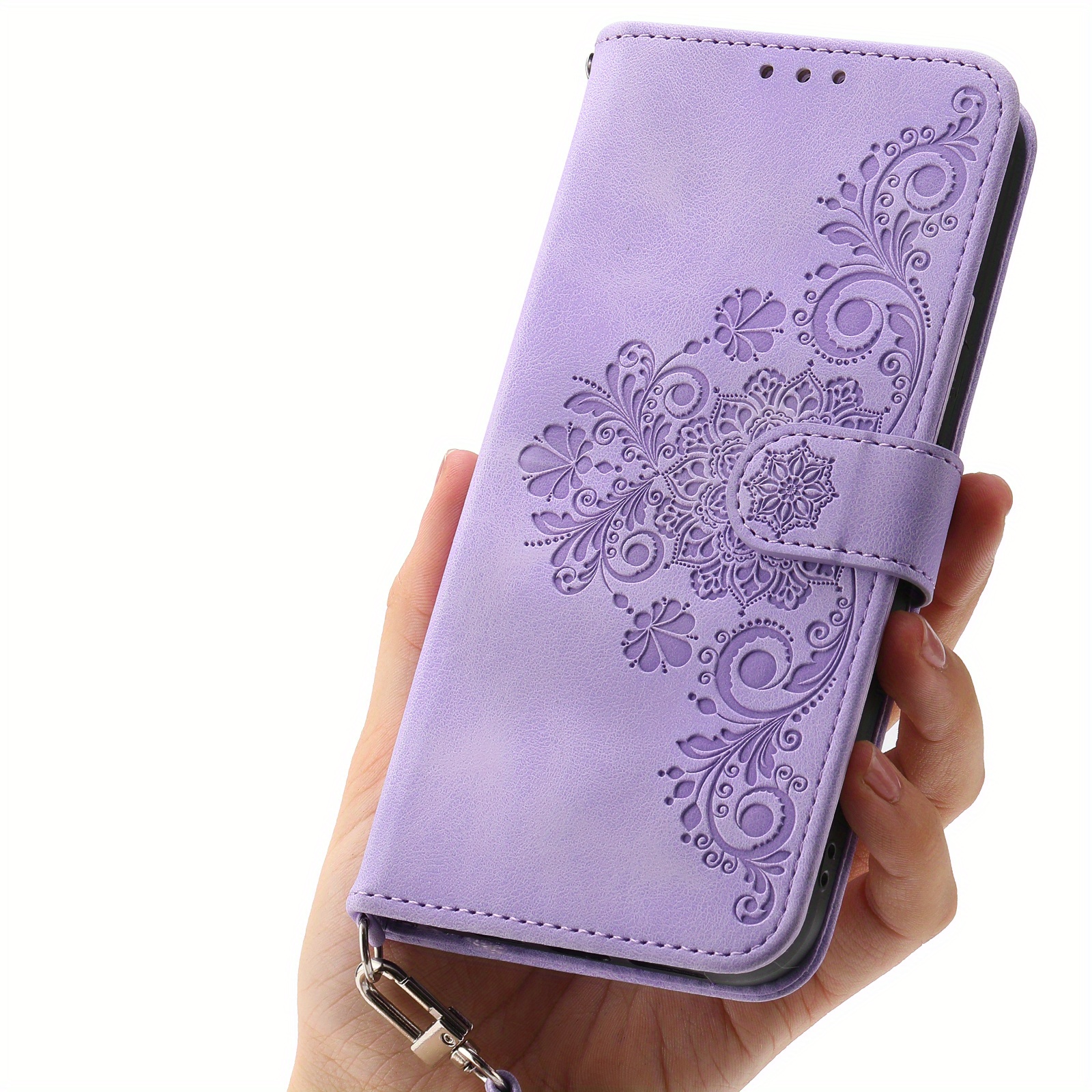 TEMU Phone Case: Purple Synthetic Leather Phone Case With Textured Multi-card Slots, Embossed Pattern, And Matching Short Strap. Vintage-style, And
