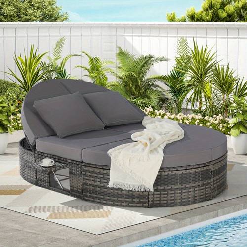 outdoor patio round daybed with adjustable backrests and foldable cup trays reclining outdoor lounger wicker rattan patio daybed with cushions and pillows for backyard poolside