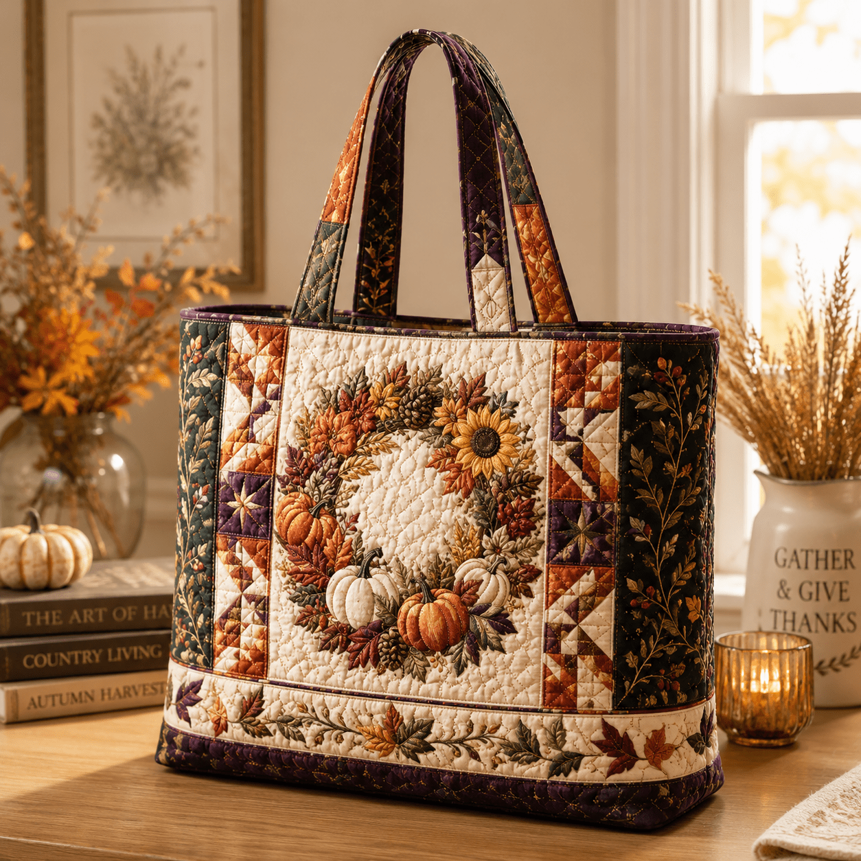 Image of 17 X 15 Inch Quilted Tote Bag For Women, Harvest Wreath Multicolor Tote With Pumpkin Floral Appliqué Design, Soft Handheld Bag, Large Capacity School Work Bag For Daily Use Weekend Gym