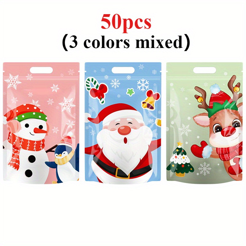 TEMU Lot de 50 sacs cadeaux de Noël 3 couleurs - Père Noël, , , de neige, sacs de fête refermables auto-scellants en composite PET/PP pour cadeaux de