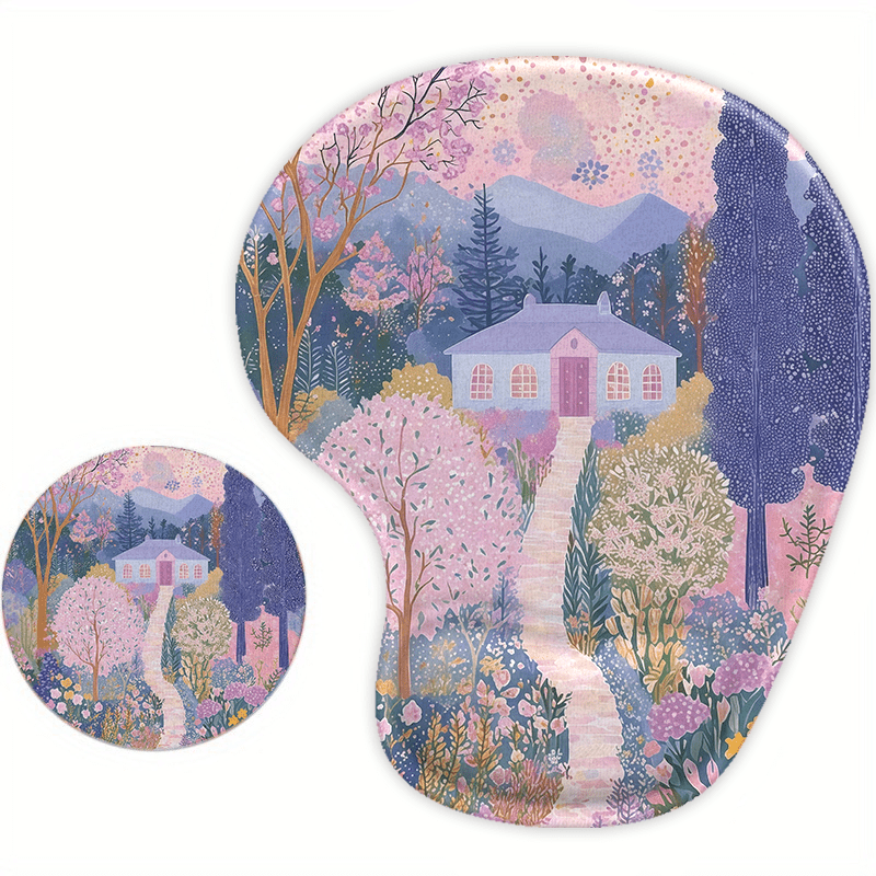 TEMU Tapis de Souris Ergonomique avec Support de Poignet, Ensemble de Dessous de Verre, Motif Jardin, Tapis de Souris pour Bureau, Idéal , l'École et