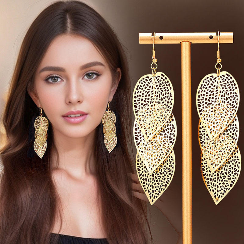 TEMU 1 Pair Elegant Multilayer Hollow Leaf Dangle Earrings - Vintage-inspired Golden-tone Jewelry, Parties & Casual Attire, Ideal Birthday Gift