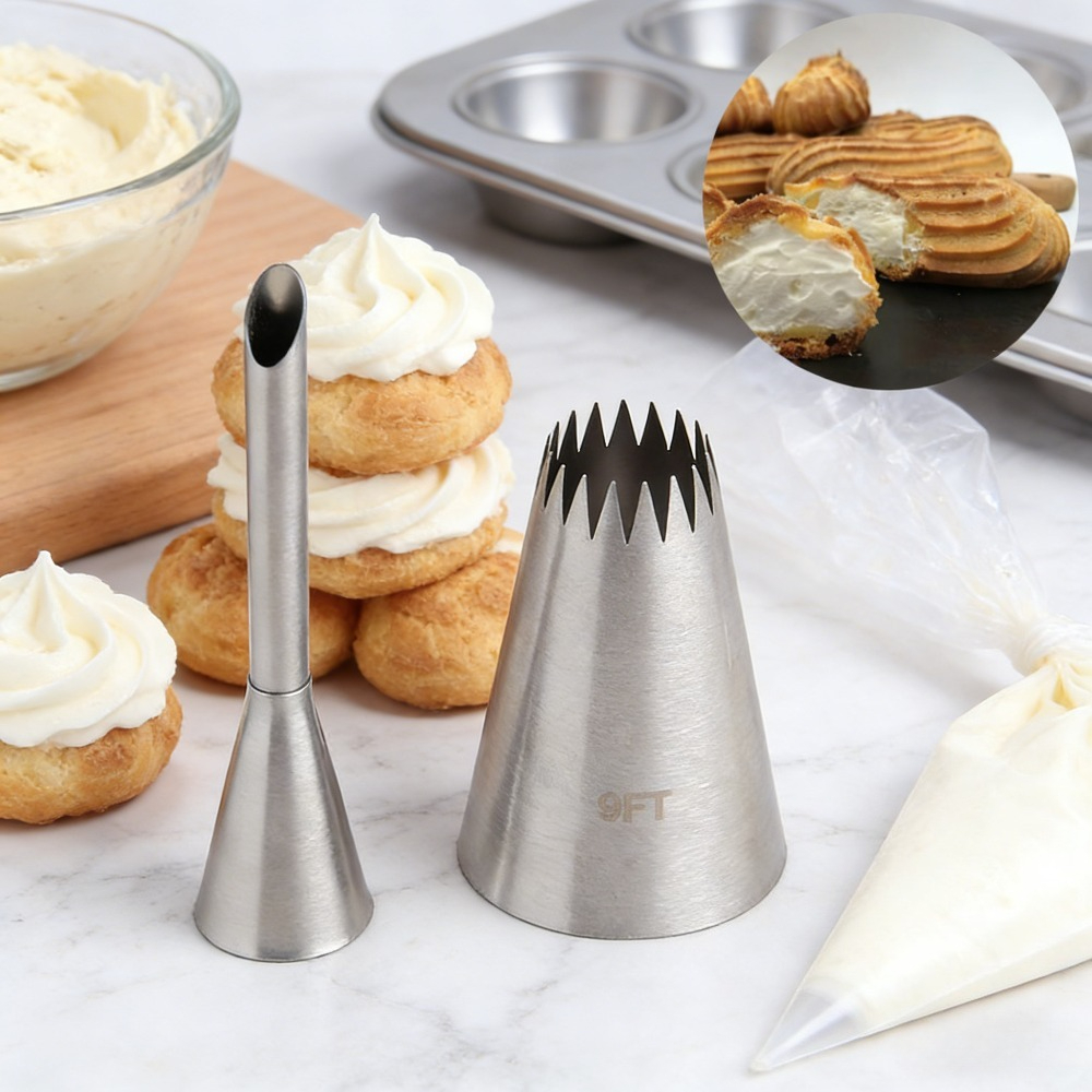 E-shop 2 Stück Creme-Spritzdüsen aus Edelstahl - 1 Stück lange Puffdüsen + 1 Stück 9Ft Buttercreme-Pastriedüsen, Dekorationswerkzeuge für Gebäck - für