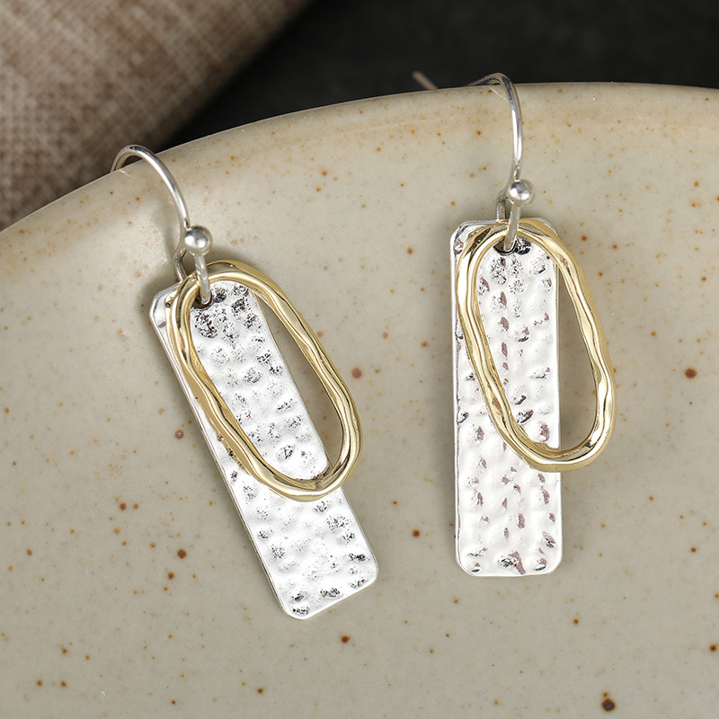 Two-Tone Long Silvery Hammered Drop Earrings for Everyday Wear