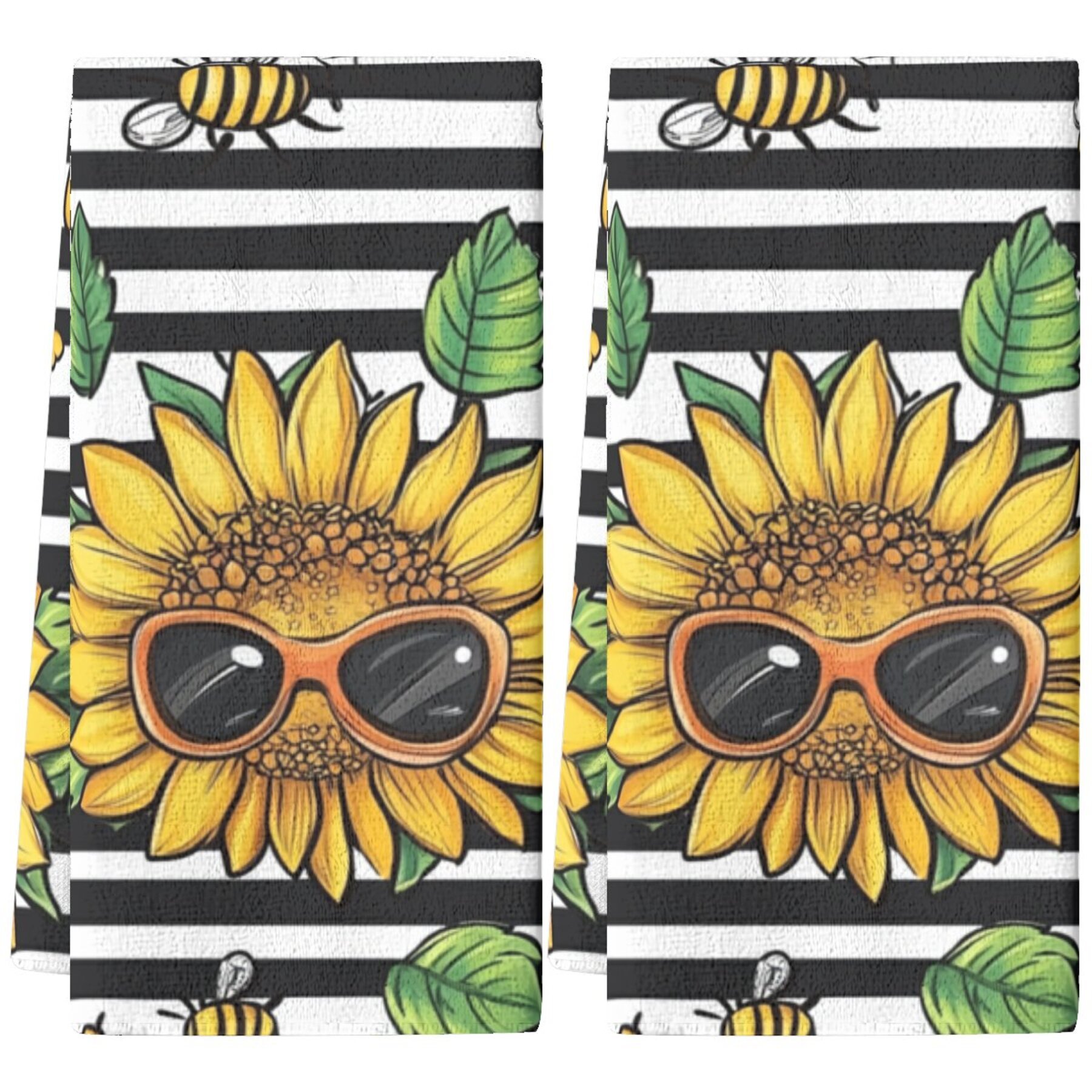 2pcs modern sunflower patterned polyester dish cloths, woven oblong hand wash only kitchen towels with floral theme, dish towels for kitchen details 0