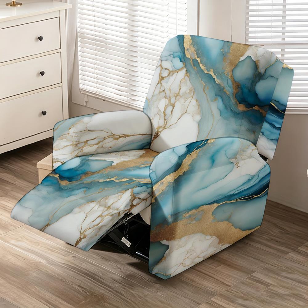 TEMU Blue Marble Print Recliner Slipcover, Stretch All Wrap Breathable Single Reclining Sofa Cover, Minimalist Luxury Bedroom Furniture Protector