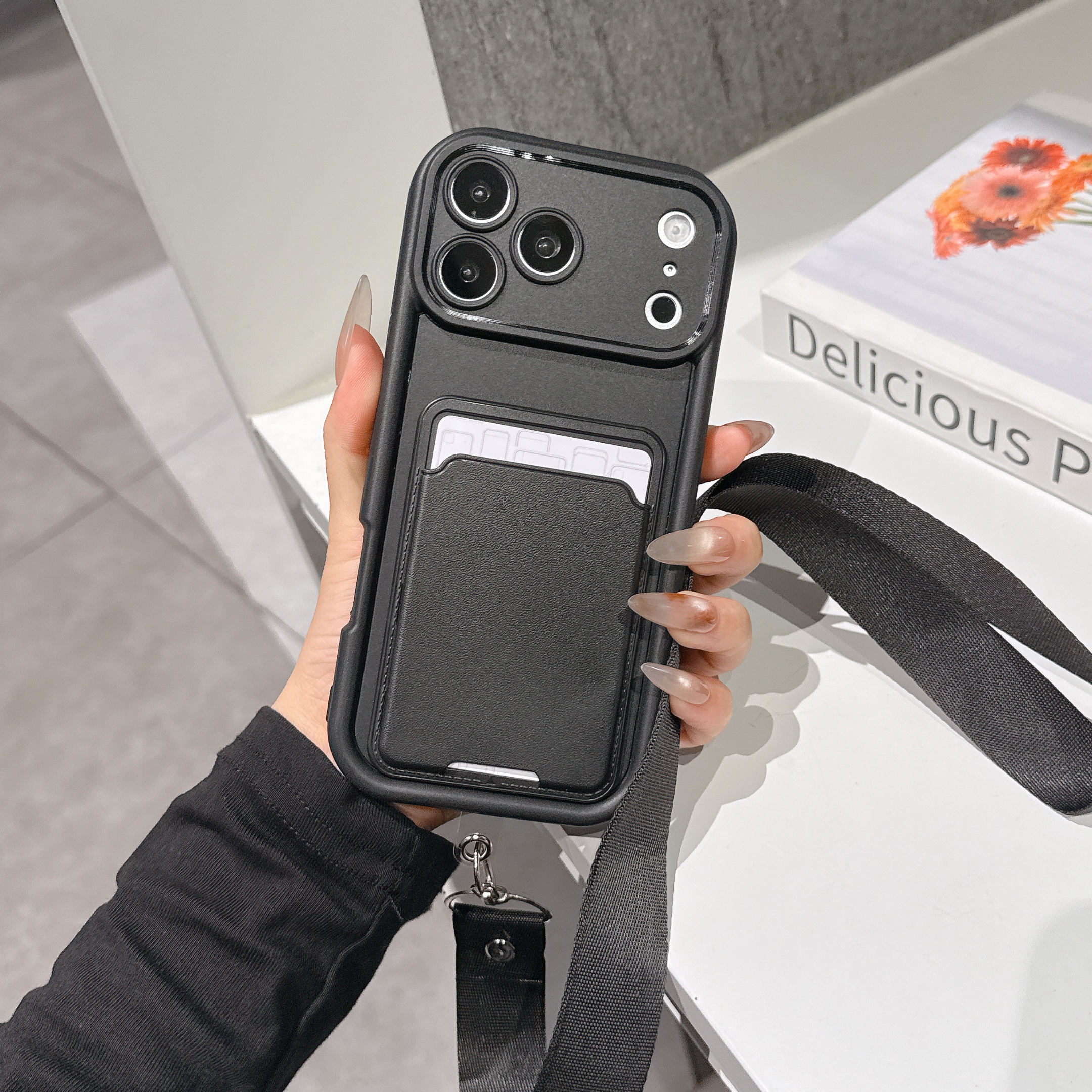 TEMU Phone Case - Fashion Minimalist Solid Color With Card Slot Card Bag Lanyard Phone Case, Equipped With Detachable Lanyard, Suitable For Iphone