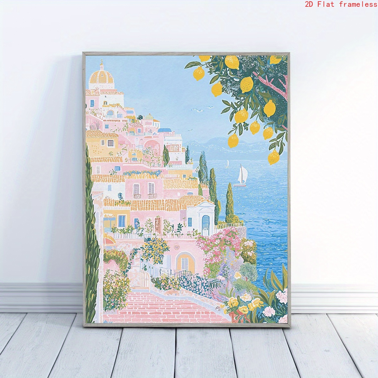 TEMU 2d Flat, 2d Flat, Frameless Canvas Wall Art Print Featuring A Vibrant Scene Of 's And Pink Along The Amalfi , Designed In A Mediterranean Style.