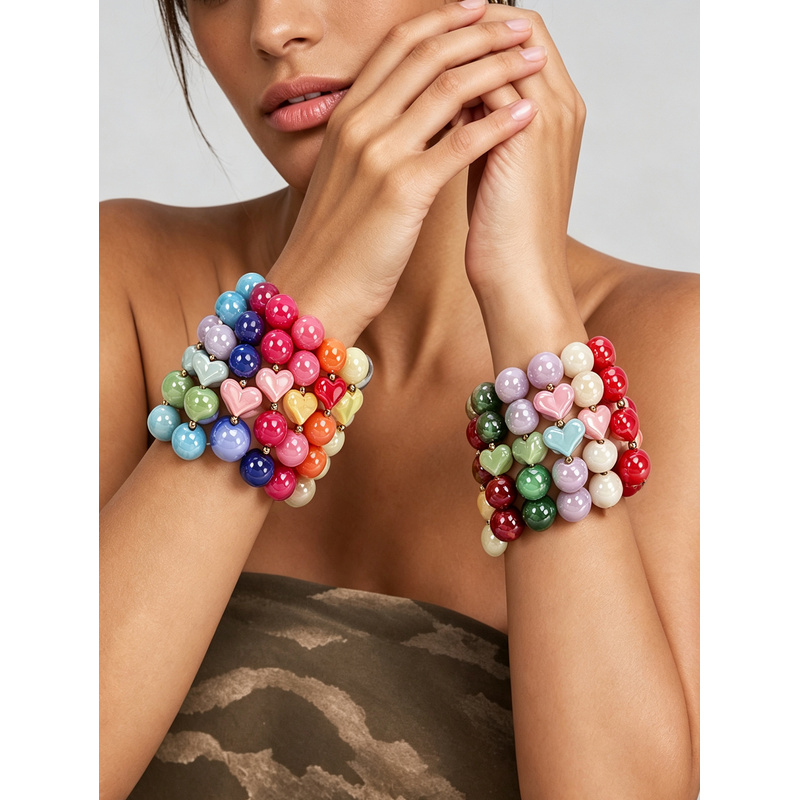 Women's Geometric Beaded Bracelet with Iridescent Effect, Stretchable
