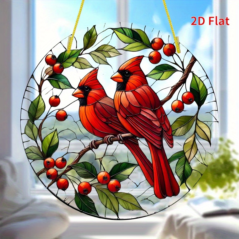 TEMU 2d Flat, 1pc Vintage Acrylic Round Suncatcher Wall Decor With Vibrant Red & Berries - Suitable For Christmas, Thanksgiving, Easter, Housewarming
