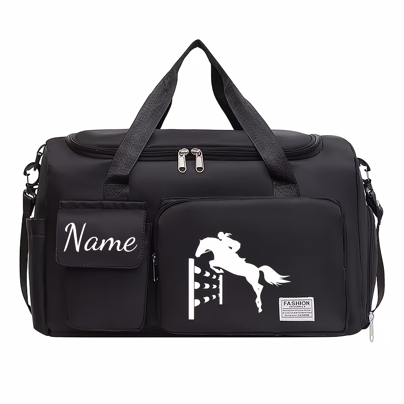 TEMU 1pc Personalized Diy Name/text Equestrian Print Fitness And Travel Bag - Multi-compartment Shoe And Luggage Bag, Adjustable Shoulder Strap