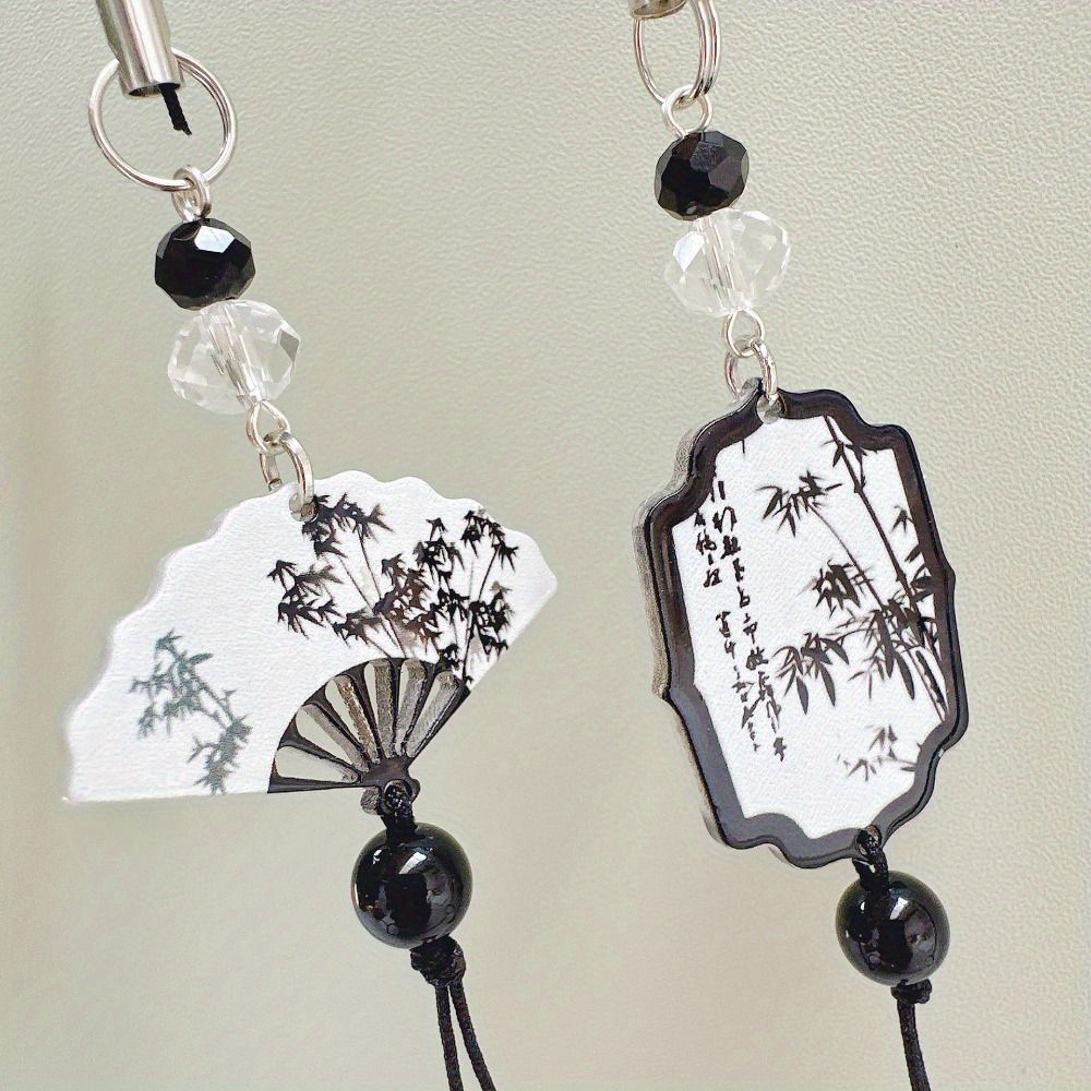 TEMU Elegant Black And White Chinese Style Pendant Phone Chain, Fan And , Tassel Pendant, Vintage Bead Phone Strap | Traditional Aesthetics | Durable