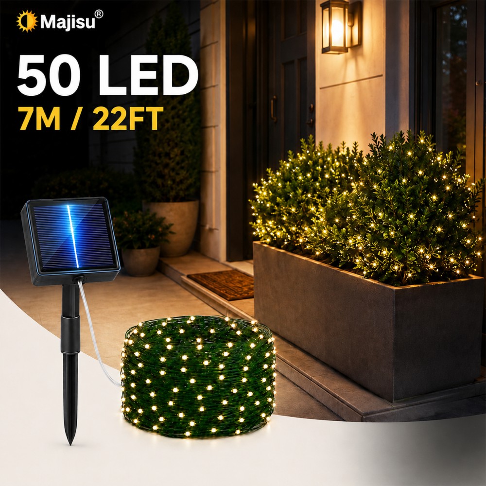 TEMU Majisu 1pc Solar Powered Smart String Lights, Warm White 300/200/100/50 Led Outdoor Garden Lights With Dark , Ipx4, 8 For Front Door Greenery,