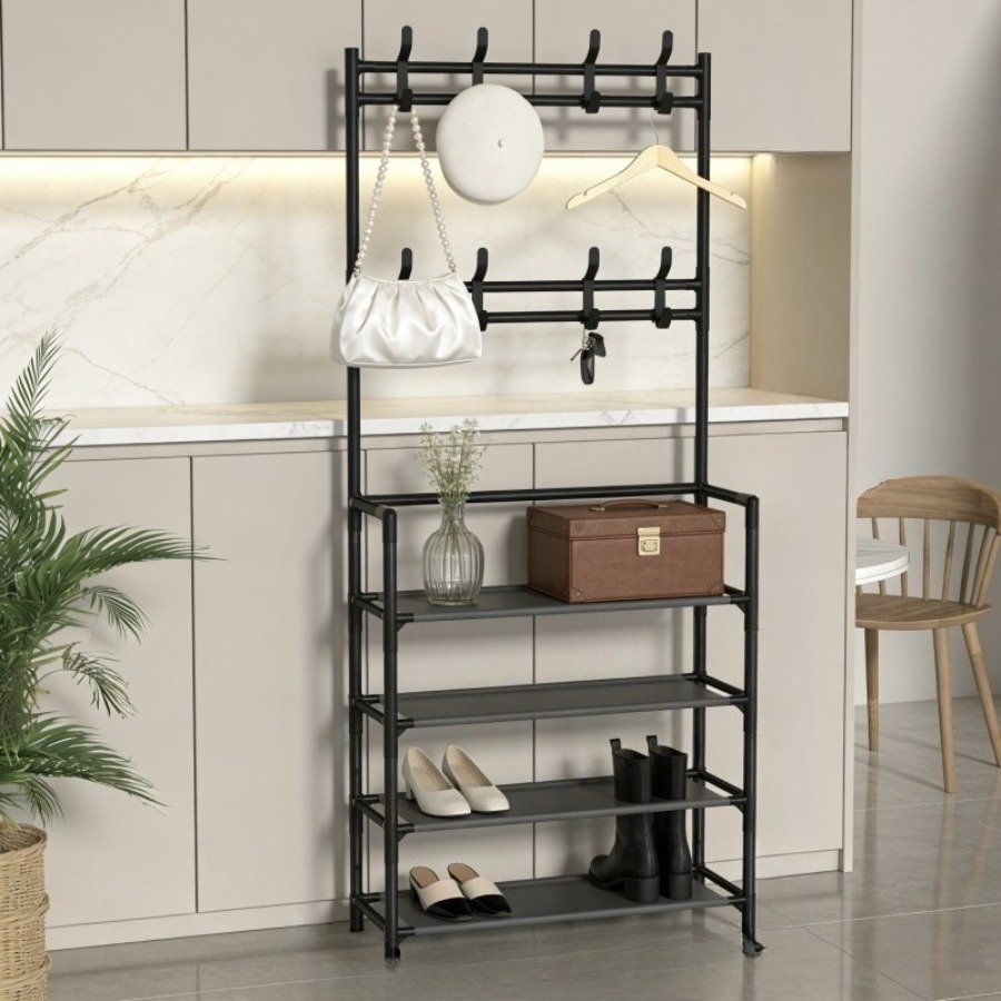 TEMU Home Multifunctional Entryway Storage Rack With 8 Hooks And Shoe Rack 2-in-1, Space- And Ultra-strong Load-bearing, Ideal For Apartment Hallway