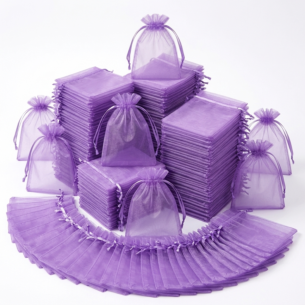 TEMU Lot de 95 sacs cadeaux en organza violet pour de mariage, sachets de friandises shower, pochettes réutilisables en transparente avec cordon de