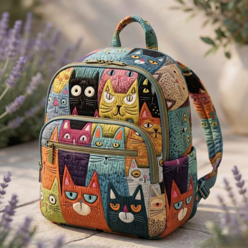 TEMU 1pc Quilted Colorful Cartoon Cat Print Backpack, Multi-pocket Lightweight Durable Casual Daypack, Back To School Graduation Birthday Gift, For