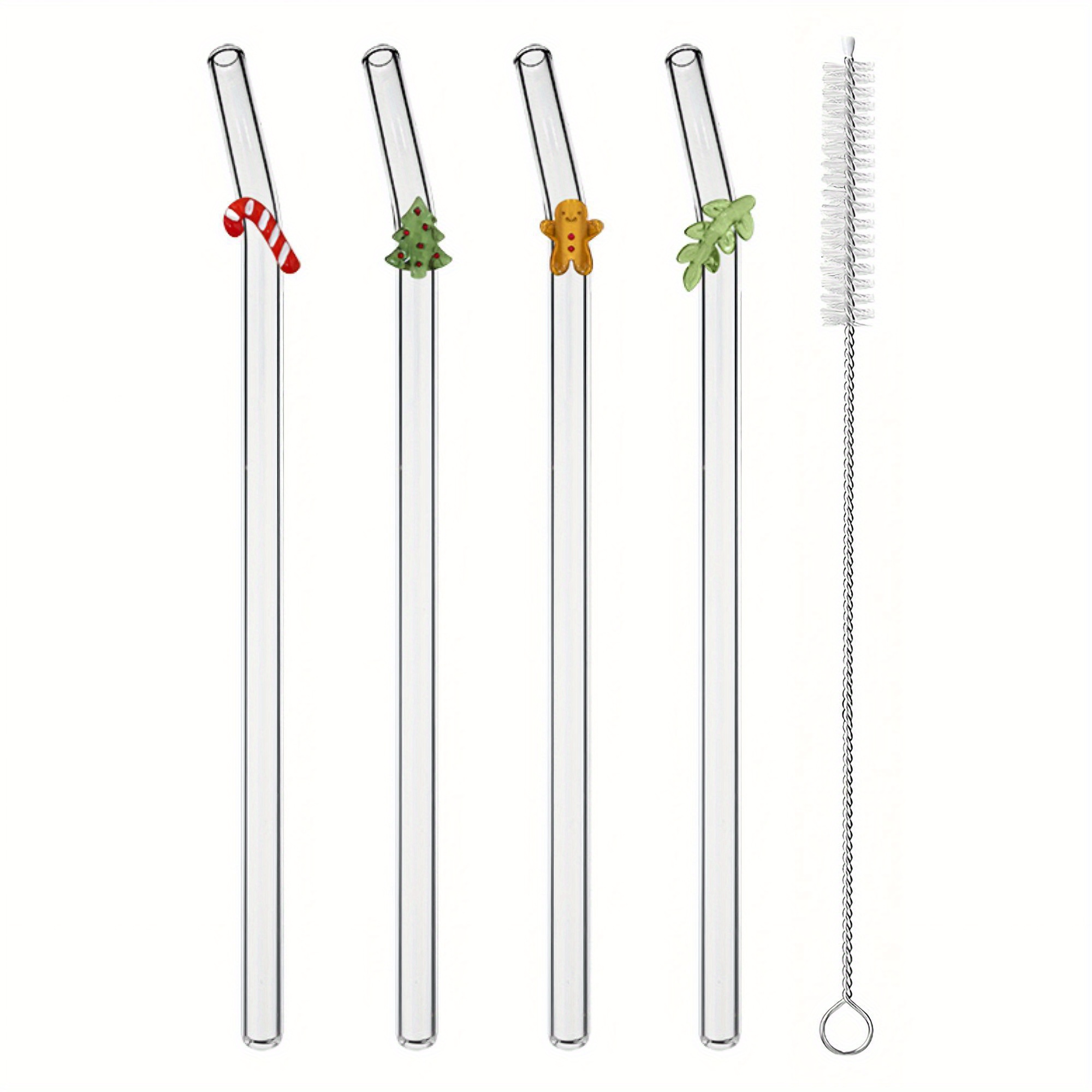 TEMU 4 бр. Преизползваеми Стъклени Сламки с Коледни Дървета, Меденкови Човечета и Божури, Включва 1 Четка за Почистване, Забавна Естетична Украса,