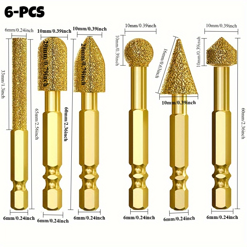 TEMU 6pcs Grinding Tools For Stainless Steel, Ceramic& Stone, Hex Shank Diamond Grinding Heads, Carbide Rotary Burrs, Brazed Grinding Artifact For
