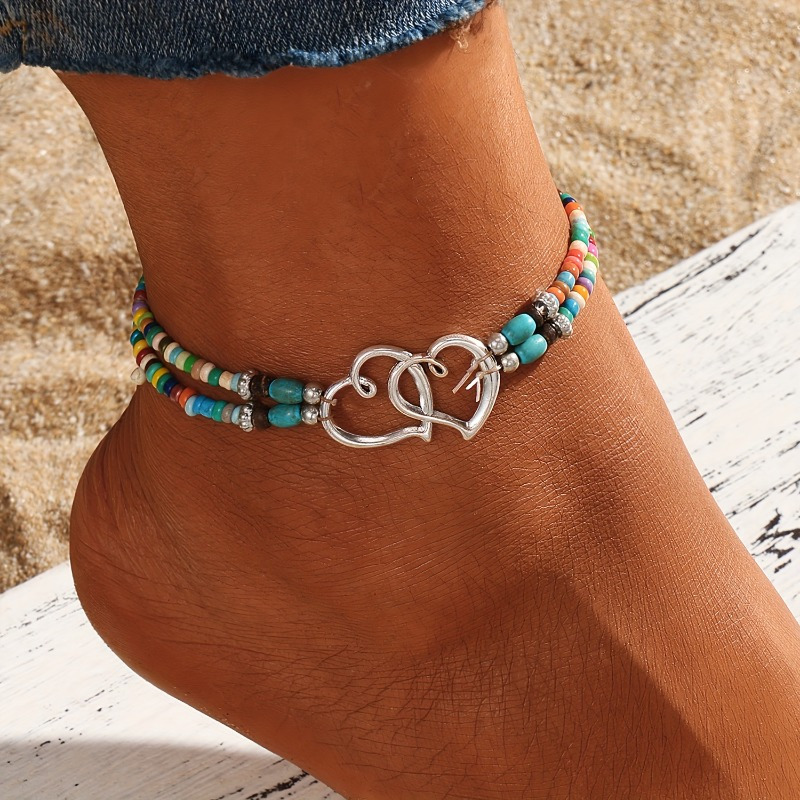 4pcs Boho Chic Beaded Anklet Set, Multicolor Heart Design