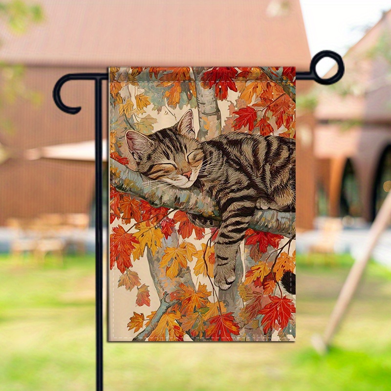 TEMU 1pc Double-sided Garden Decor Garden Flag Welcome Autumn Cat Resting On Branch For Front Yard Fall Decor Backyard Gathering Patio Durable Fade Resistant