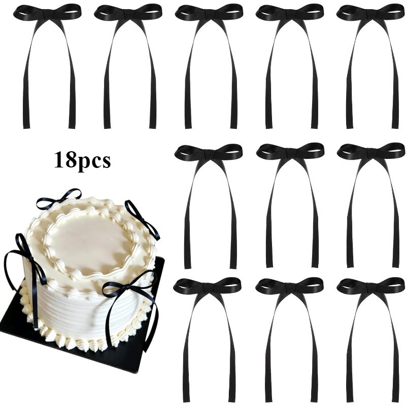 Image of 18pcs Bow-shaped Cake Decorations In Black, Red, , And Ribbons, Suitable For Cakes, Cupcakes, Baby Showers, Birthdays, Weddings, Valentine's Day, Christmas, Graduations, And More...