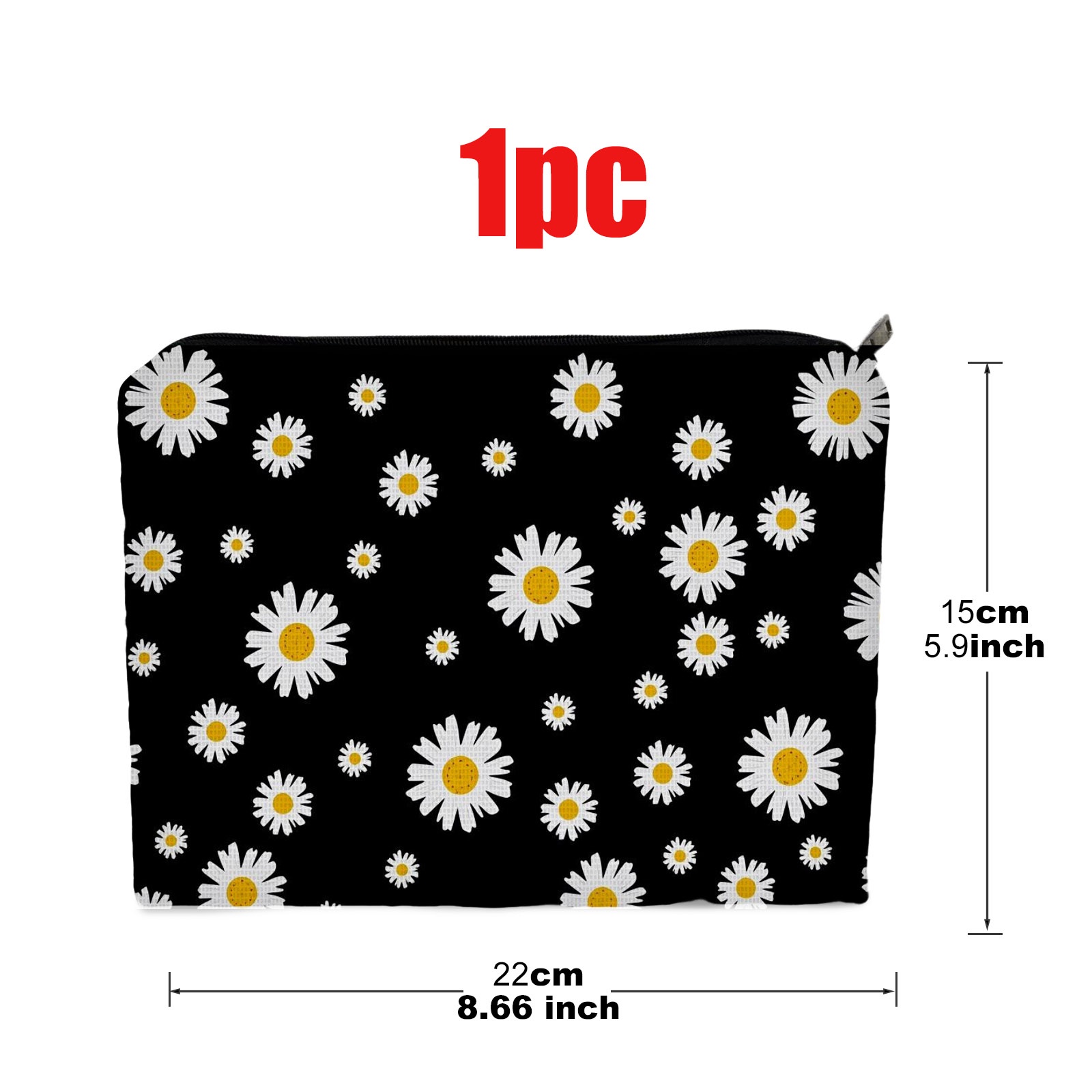 TEMU 1pc Double-sided Cosmetic Bag, Size 5.9in*8.66in, Made Of Polyester, With White Daisy Pattern On Black Background, Stylish & Practical For