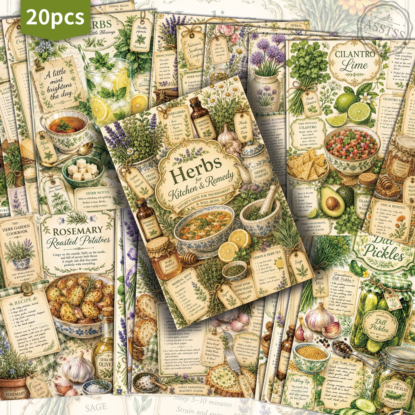 TEMU 20-pack Asstss Vintage Herbal Kitchen Postcards - 4x6 Inches Retro Junk Journal Supplies, Classic Pinup Illustrations Collectible Decorative