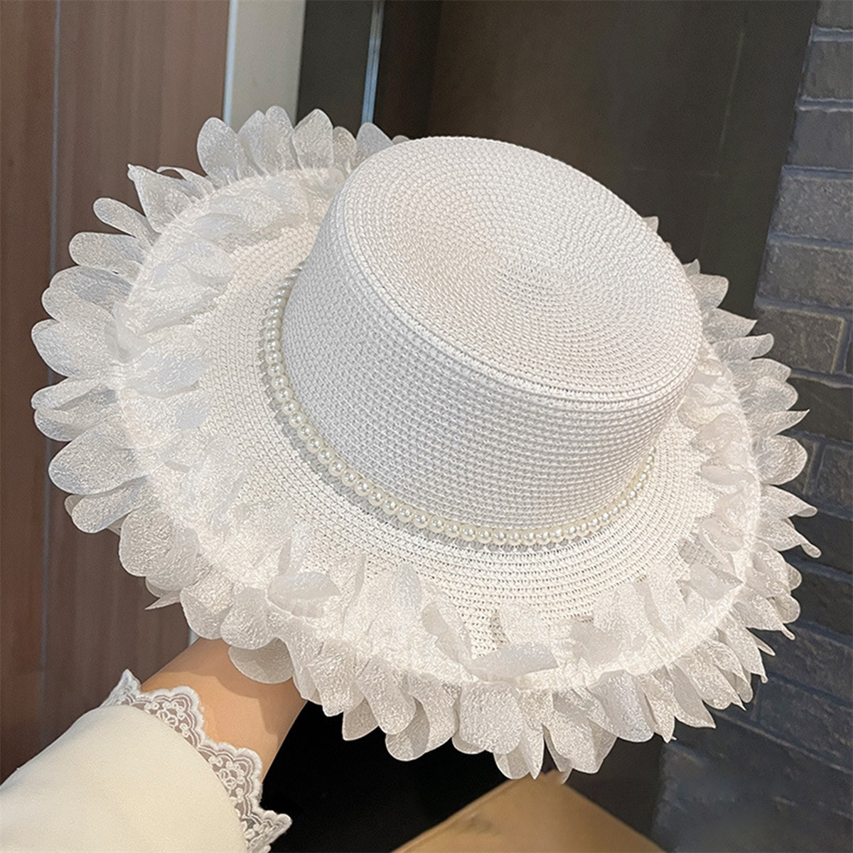 pearl embellished sun hat, beige and brown wide brim design  display picture 1
