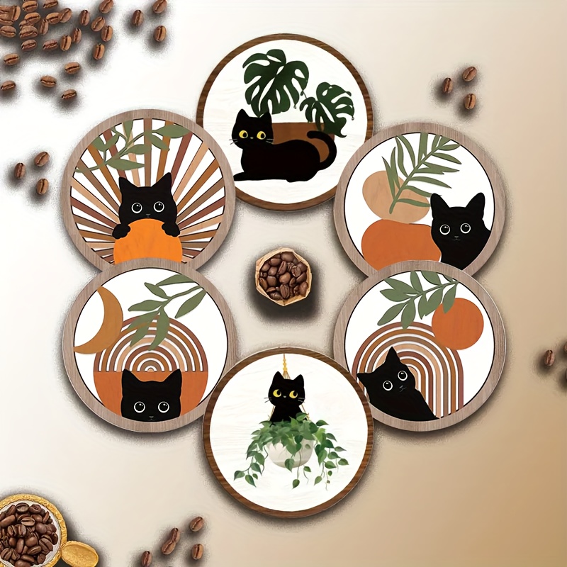 TEMU 6pcs Black Cat & Botanical Wood Coaster Set - Wood Suitable For Decor, Heat-resistant Non-slip Drink Coasters With Wood Base, Elegant Table