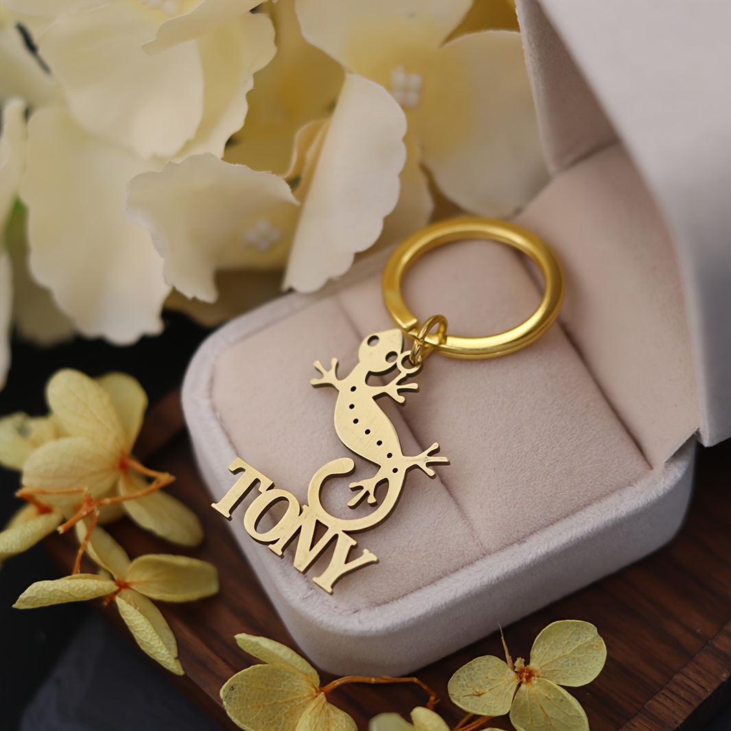 TEMU Customizable Stainless Steel Lizard Keychain- Unisex Lizard Reptile Keychain, Stylish Golden-tone Wildlife Accessory With Name Engraving,