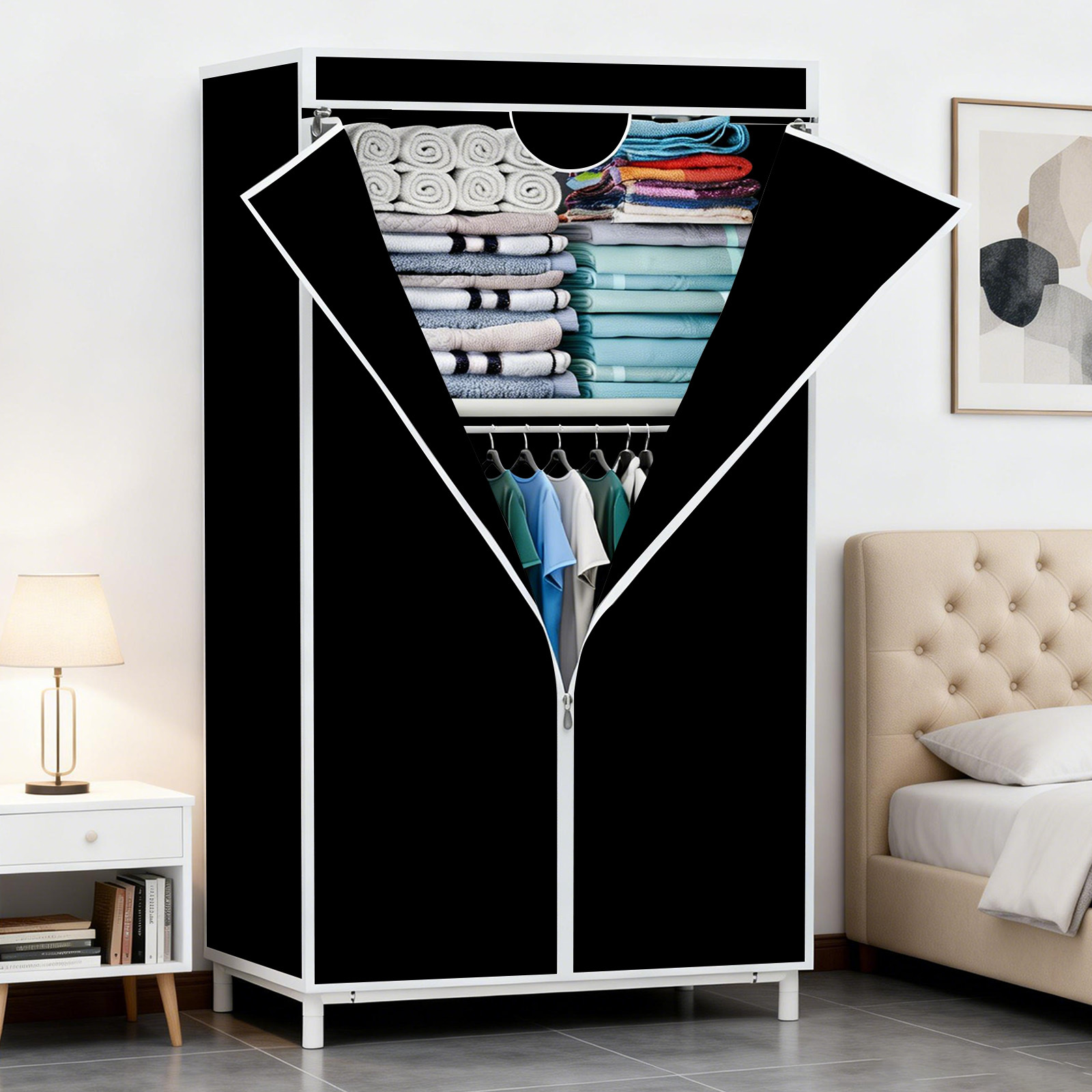 Portable Durable Wardrobe With Hanging And Folding Sections, T-zipper Easy-, Suitable For Bedroom, Apartment, Dorm, And , Portable Closets