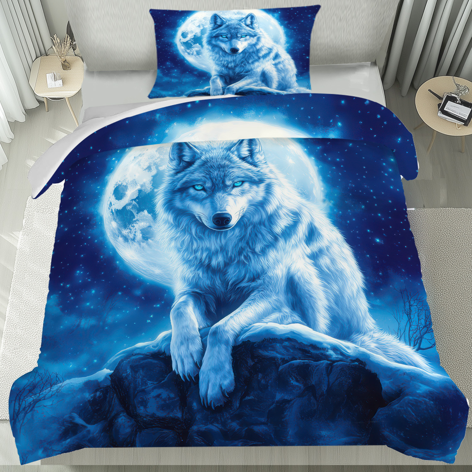 TEMU Latexaca 2/3-teiliges Bettwäsche-Set mit Weißem Wolf und Blauem Mond, 1 Bettbezug & 2 Kissenbezüge, Maschinenwaschbar, Weiches und Bequemes