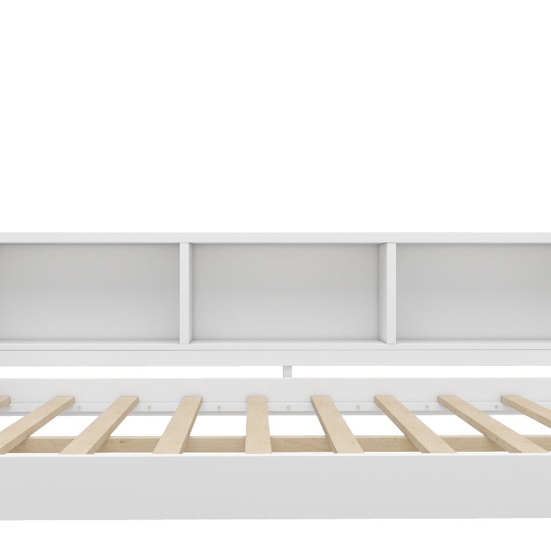 Full Size Daybed with Trundle, Wood Day Bed Frame with Storage Drawers And Side Shelves, Daybed with Desk, No Spring Box Needed, White
