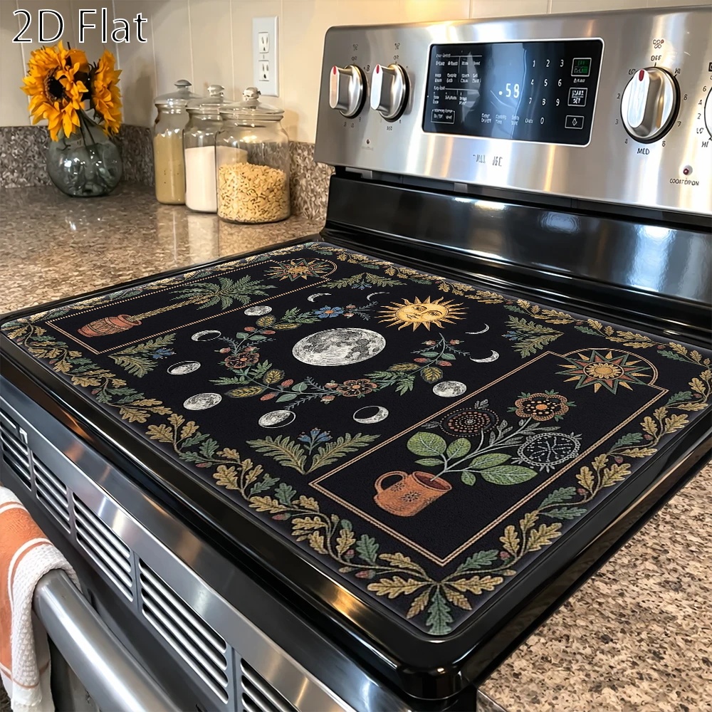 TEMU 2d Flat Mysterious Sun Moon Plant Totem Stove Protector Mat, Heat Resistant , Universal For Gas Stove Induction Cooker Oven Washer Top, Easy To